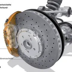 AMG Keramik-Verbundbremsanlage mit Sechskolben-Festsattel und gelochter Keramikscheibe für maximale Bremsleistung.