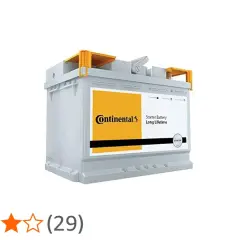 Graue Continental Starterbatterie mit gelbem Label. Gute Continental Batterie Erfahrungen sind hier zu sehen, 4,1 Sterne.