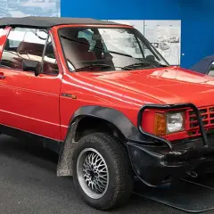 Roter Biagini Passo Cabriolet mit schwarzem Verdeck und auffälligem Kühlergrill-Schutz.