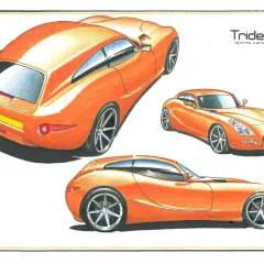 Drei Ansichten eines orangefarbenen Trident Iceni Sportwagens, gezeichnet mit einem modernen, aerodynamischen Design.
