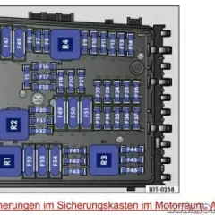 Übersicht der Sicherungsbelegung im Motorraum eines Golf 6. Die Grafik zeigt die Positionen von Sicherungen und Relais.