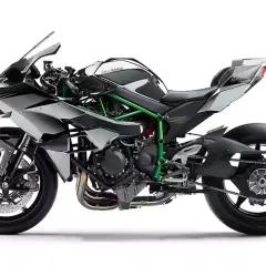 Die Kawasaki Ninja H2R, ein Meisterwerk der Ingenieurskunst, glänzt in Schwarz und Silber mit einem auffälligen grünen Gitterrohrrahmen.