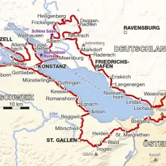 Karte der Bodensee-Region mit markierter Motorradroute, die durch Deutschland, Österreich und die Schweiz führt.