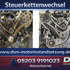 Zwei Ansichten eines Audi 3.0 TDI Motors mit freigelegtem Steuerkettensatz. Das Wechselintervall ist hier entscheidend.
