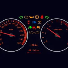 Armaturenbrett mit leuchtenden Warnsymbolen, Tachometer und Drehzahlmesser.