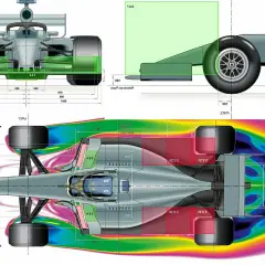 Technische Zeichnung eines Formel 1 Auto Aufbaus mit aerodynamischen Simulationen.