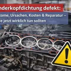Hand hält defekte Zylinderkopfdichtung. Dampf steigt auf. Warnschild. Symptome eines defekten Zylinderkopfdichtung erkennen.