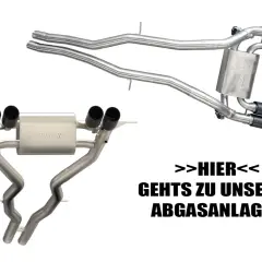 Hochwertiger Aufbau einer Abgasanlage mit vier Endrohren und einem Schalldämpfer. Hier geht's zu unseren Abgasanlagen.