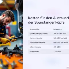 Mechaniker mit Werkzeug arbeitet an Autoteilen, daneben eine Kostentabelle für Spurstangenköpfe.