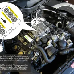 Mercedes-Benz M272 Motor: Diagnose DTC P0015. Detailansicht der Nockenwellensteuerung für Bank 1 und Bank 2.