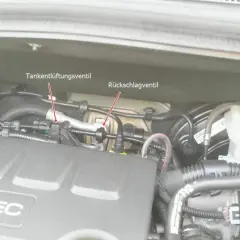 Motorraum eines Opel mit markiertem Tankentlüftungsventil und Rückschlagventil. Der Fehlercode p0171 kann hier relevant sein.