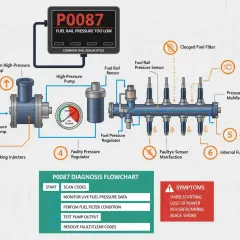 Diagramm zur Diagnose des Fehlercodes P0087 bei Mercedes: Niedriger Kraftstoffdruck. Zeigt Ursachen wie defekte Pumpe, Filter, Lecks und Symptome.