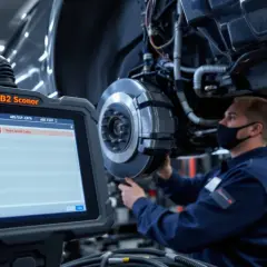 Mechaniker prüft mit einem Diagnosegerät die Bremsen eines esp auto.