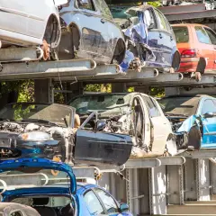 Gestapelte Autos auf einem Schrottplatz. Hier werden alte Autoteile entsorgt und für das Recycling vorbereitet.