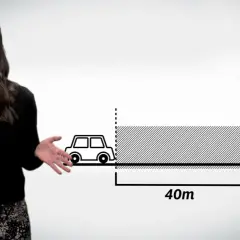 Eine Frau erklärt die Bremsformel. Ein Auto steht vor einer Gefahrenzone von 40m, markiert mit einem Warnschild.