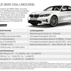 Der BMW 330e Limousine kombiniert Dynamik mit eDrive. Das Gewicht ist nicht direkt angegeben, aber die technischen Daten sind aufgeführt.