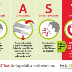 Der FAST-Test hilft, einen Schlaganfall zu erkennen. Prüfe Gesicht, Arme, Sprache und Zeit. Wenn ein Symptom zutrifft, auto bremst und wähle 112.