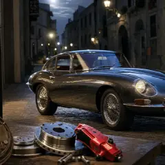 Klassischer Jaguar E-Type mit Ersatzteilen. Die Trommelbremse Kosten sind hier ein Thema, während das Auto in einer Gasse steht.