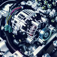 Detailaufnahme eines p0562 vw Lichtmaschinen-Generators mit bunten Kabeln und Riemen.