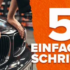 Hände auf der Motorhaube, die nicht aufgeht. Daneben die Zahl 5 und "EINFACHE SCHRITTE" in Weiß auf orangefarbenem Hintergrund.