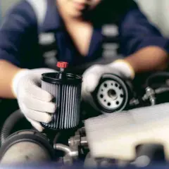 Mechaniker wechselt Kraftstofffilter. Ein neuer Filter liegt bereit, der alte wird abgenommen.