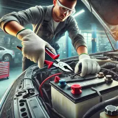 Mechaniker wechselt die audi a1 batterie. Er benutzt eine Zange, um die Kabel zu lösen.