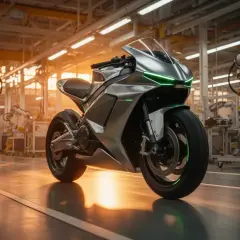 Futuristisches Motorrad mit grünen Akzenten in einer Fabrikhalle, bereit für die Zukunft der Mobilität von Pierer Mobility.