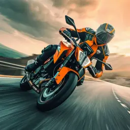 Motorradfahrer in orange-schwarzer Lederkombi lehnt sich in einer Kurve, das Motorrad mit "ride by wire"-Technologie rast auf einer Straße bei Sonnenuntergang.