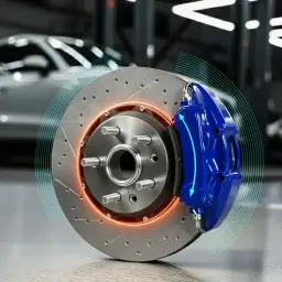 Nahaufnahme einer Hochleistungs-Scheibenbremse für ein Auto, mit blauem Bremssattel und belüftetem Bremsscheibendesign.