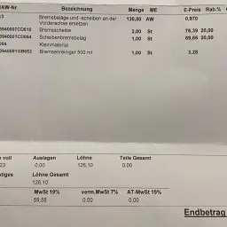 Rechnung für Bremsenwechsel bei ATU: Teile 181,23€, Lohn 126,10€. Gesamt 373,15€.