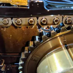 Detailaufnahme des Steuerkettentriebs eines Mercedes-Motors. Zahnräder und Kette sind mit Öl benetzt.