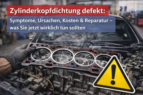 Hand hält defekte Zylinderkopfdichtung. Dampf steigt auf. Warnschild. Symptome eines defekten Zylinderkopfdichtung erkennen.