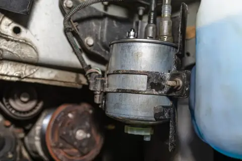 Nahaufnahme eines Kraftstofffilters, der neben einem blauen Behälter montiert ist. Mögliche kraftstoffpumpe defekt symptome könnten hier ihren Ursprung haben.