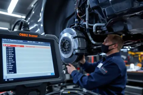 Mechaniker prüft mit einem Diagnosegerät die Bremsen eines esp auto.