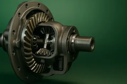 Detailaufnahme eines Differentialsperre-Autoteils mit Zahnrädern.