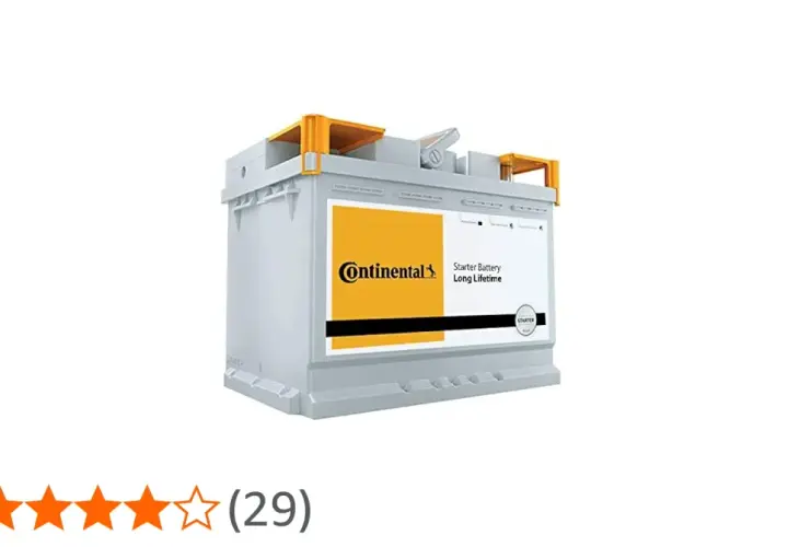 Graue Continental Starterbatterie mit gelbem Label. Gute Continental Batterie Erfahrungen sind hier zu sehen, 4,1 Sterne.