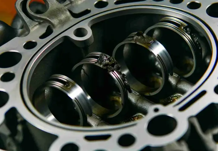 Nahaufnahme eines Motors mit sichtbaren Kolbenringen. Ablagerungen deuten auf defekte Kolbenringe Symptome hin.