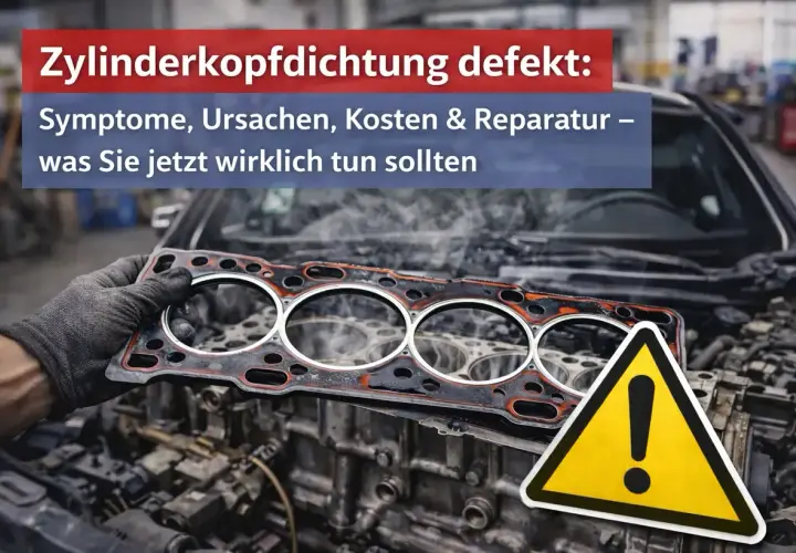 Hand hält defekte Zylinderkopfdichtung. Dampf steigt auf. Warnschild. Symptome eines defekten Zylinderkopfdichtung erkennen.