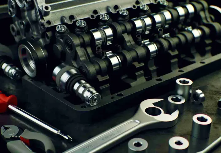 Detailaufnahme eines p0014 opel Motors mit Werkzeugen. Nockenwellen und Zylinderkopf sind sichtbar.