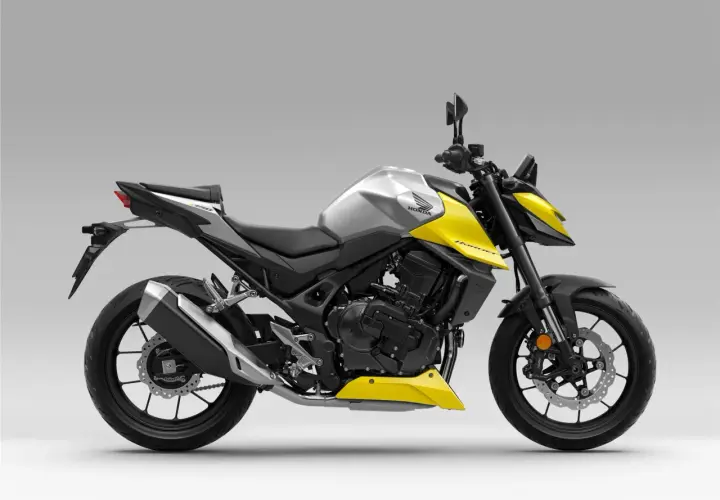 Sportliches Honda Hornet 350 Automatik Motorrad in Gelb und Silber. Ein agiler Begleiter für die Stadt.