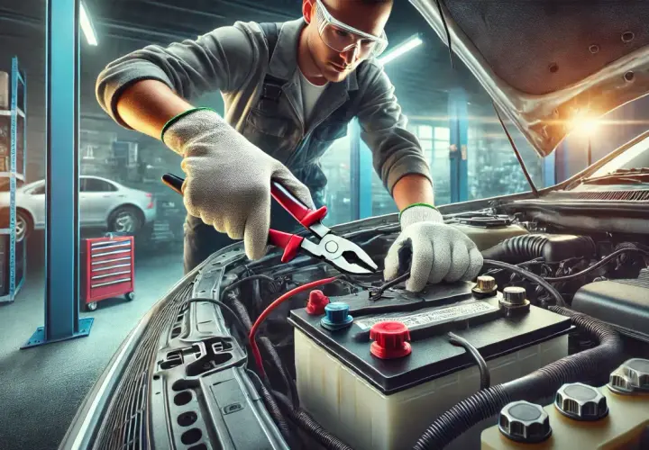 Mechaniker wechselt die audi a1 batterie. Er benutzt eine Zange, um die Kabel zu lösen.