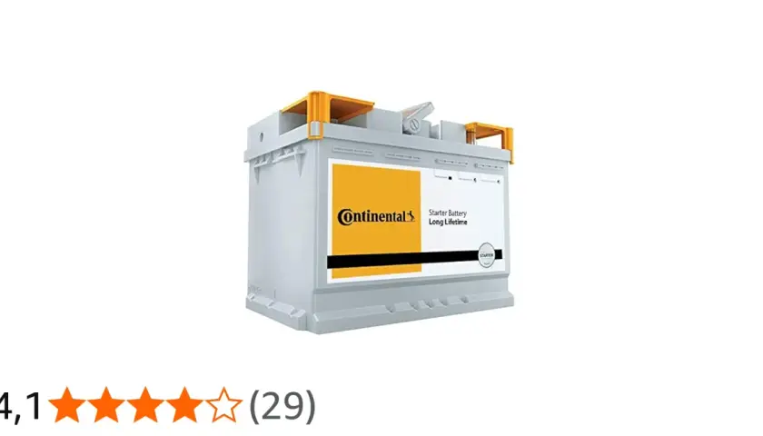 Graue Continental Starterbatterie mit gelbem Label. Gute Continental Batterie Erfahrungen sind hier zu sehen, 4,1 Sterne.