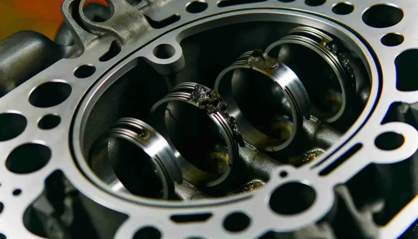 Nahaufnahme eines Motors mit sichtbaren Kolbenringen. Ablagerungen deuten auf defekte Kolbenringe Symptome hin.
