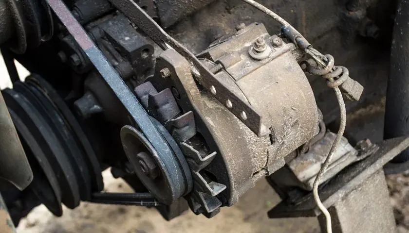 Ein alter Keilriemen quietscht an einer Lichtmaschine. Staub und Öl bedecken die mechanischen Teile.