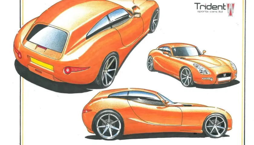 Drei Ansichten eines orangefarbenen Trident Iceni Sportwagens, gezeichnet mit einem modernen, aerodynamischen Design.