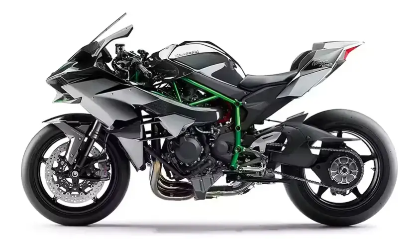 Die Kawasaki Ninja H2R, ein Meisterwerk der Ingenieurskunst, glänzt in Schwarz und Silber mit einem auffälligen grünen Gitterrohrrahmen.