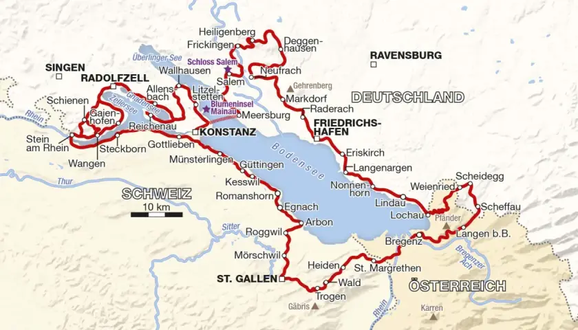 Karte der Bodensee-Region mit markierter Motorradroute, die durch Deutschland, Österreich und die Schweiz führt.