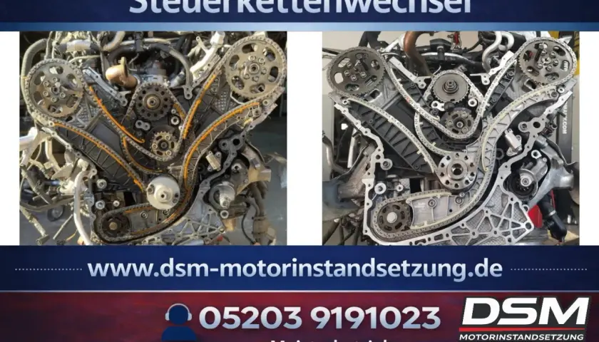 Zwei Ansichten eines Audi 3.0 TDI Motors mit freigelegtem Steuerkettensatz. Das Wechselintervall ist hier entscheidend.