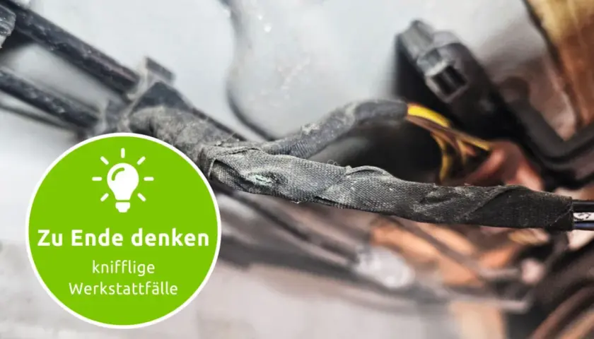 Ein beschädigter Kabelbaum, der möglicherweise den p0030 fehlercode verursacht. Ein grüner Kreis mit einer Glühbirne und dem Text "Zu Ende denken knifflige Werkstattfälle".