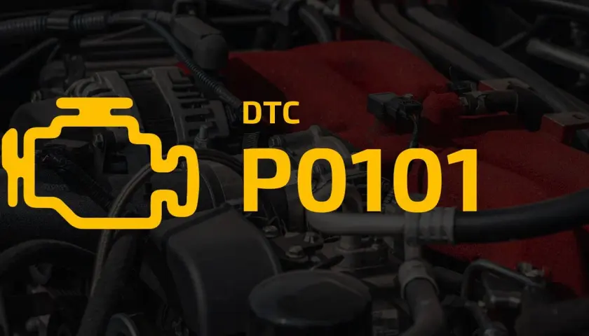 Motorraum mit gelbem Symbol für Motorkontrollleuchte und Text "DTC P0101".